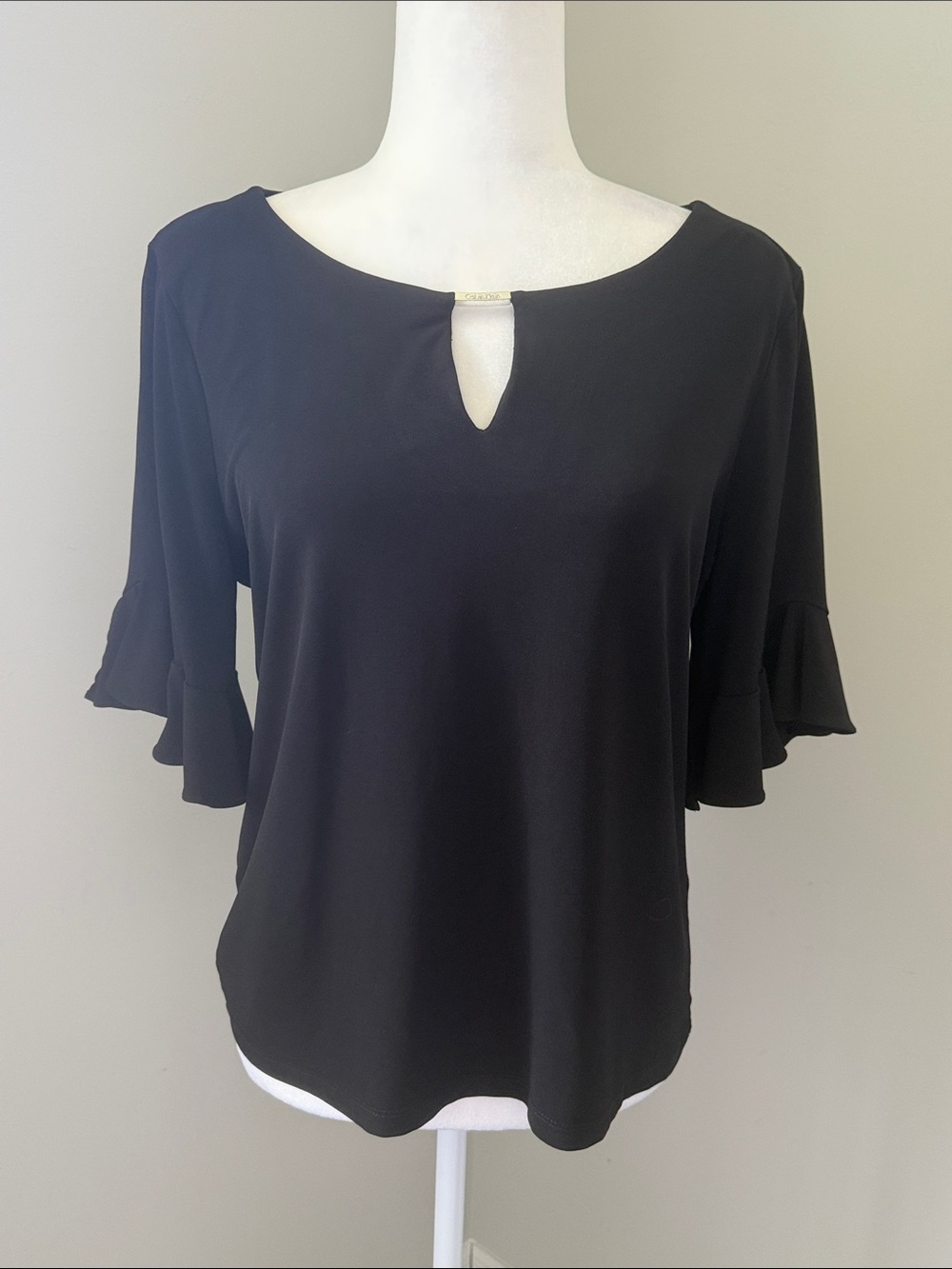 CALVIN KLEIN Black Blouse Ruffle Sleeve Keyhole Top Size Medium Women’s